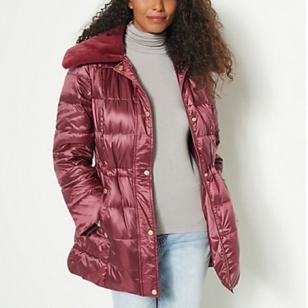 Dennis Basso Down Filled Anorak Puffer w/ Faux Mink Collar